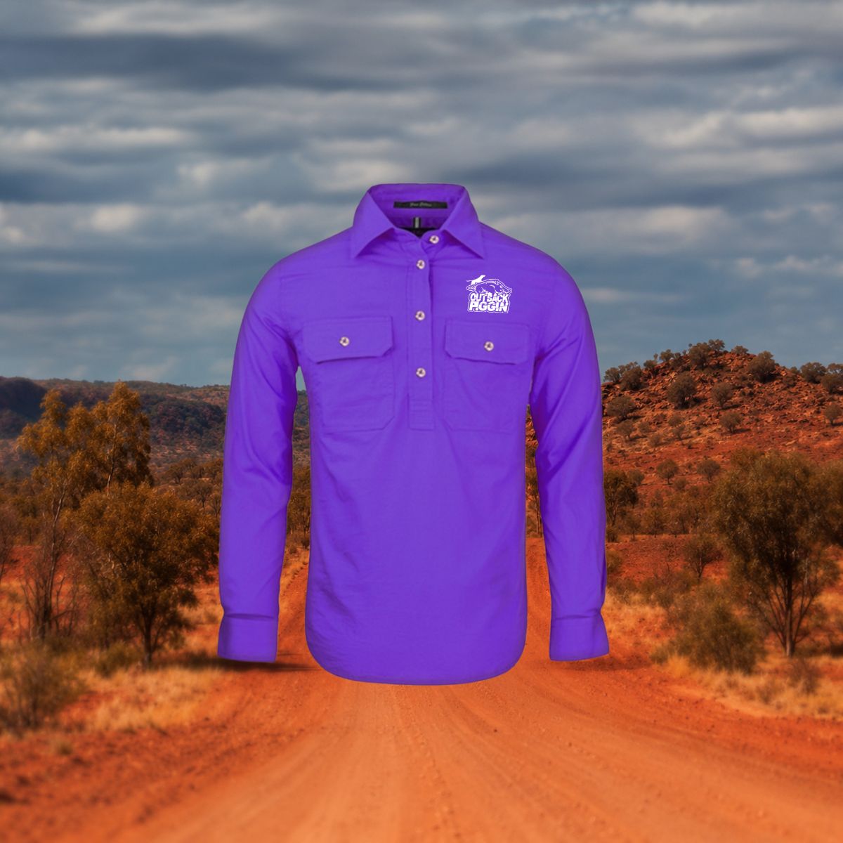 Outback Piggin Womens 1/4 button work shirt-Piggin Logo
