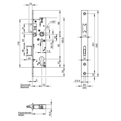 Rohrrahmenschloss mit Nirosta-Stulp 245x24x3 mm / Entfernung 92 mm / mit Panikfunktion "E"