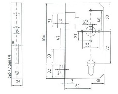 60-Dorn Schloss passend zu Schlosskasten 30 mm / rs+ls verwendbar / 72mm / 8mm / Nr. 360P o. Geh.
