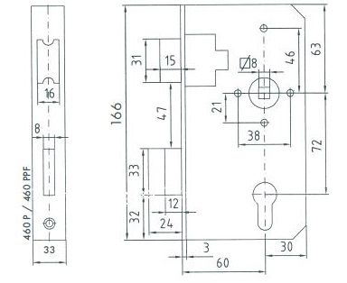 60-Dorn Schloss passend zu Schlosskasten 40 mm / rs+ls verwendbar / 72mm /8 mm / Nr. 460P o. Geh.