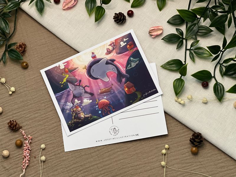 Billu und Flocke auf Tauchreise  - Kunstdruck, Postkarte Illustration