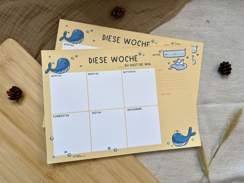 Diese Woche…Du hast die Wal - Süßer Wochenplaner, ToDo Liste mit Spruch - Handgemachter Notizblock 30 Seiten
