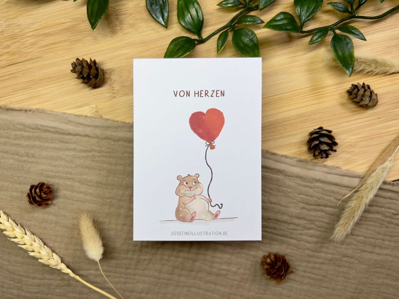 Von Herzen - Süße Hamster Grußkarte - Kleiner Hamster mit Herz Luftballon