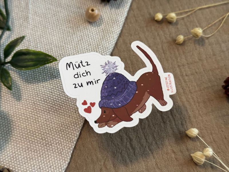Dackelliger Sticker | Mütz dich zu mir!  -  Süßer Vinyl Sticker 