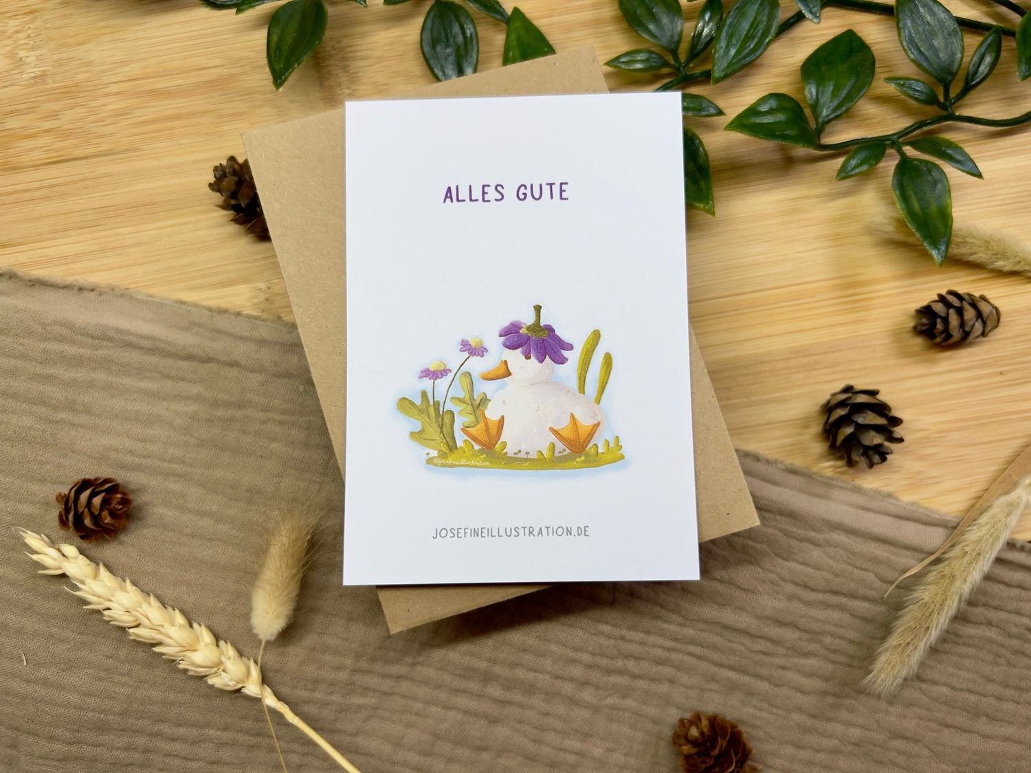 Alles Gute!- Süßes Ente mit Blumen - Grußkarte für Geburtstag, liebe Grüße