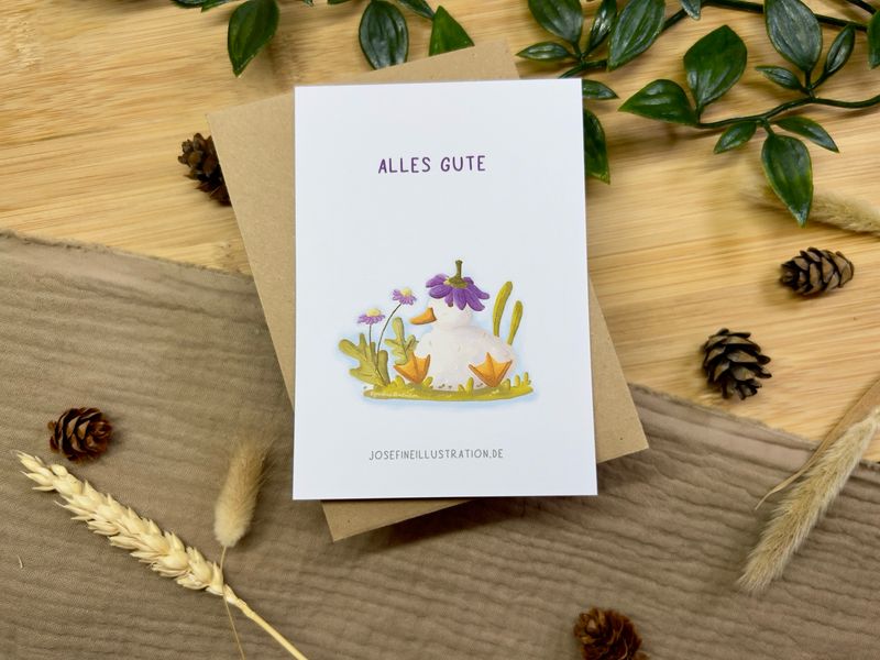 Alles Gute!- Süßes Ente mit Blumen - Grußkarte für Geburtstag, liebe Grüße