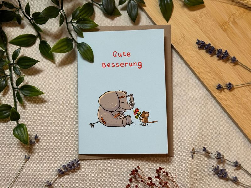 Gute Besserung  - Elefant mit Maus - Karte