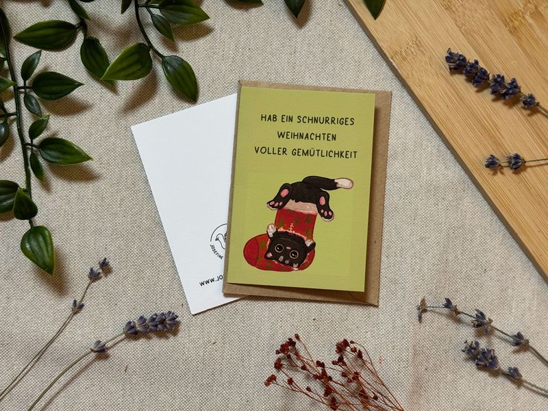 Felix wünscht ein schnurriges Weihnachten voller Gemütlichkeit - Süße Weihnachtliche Karte