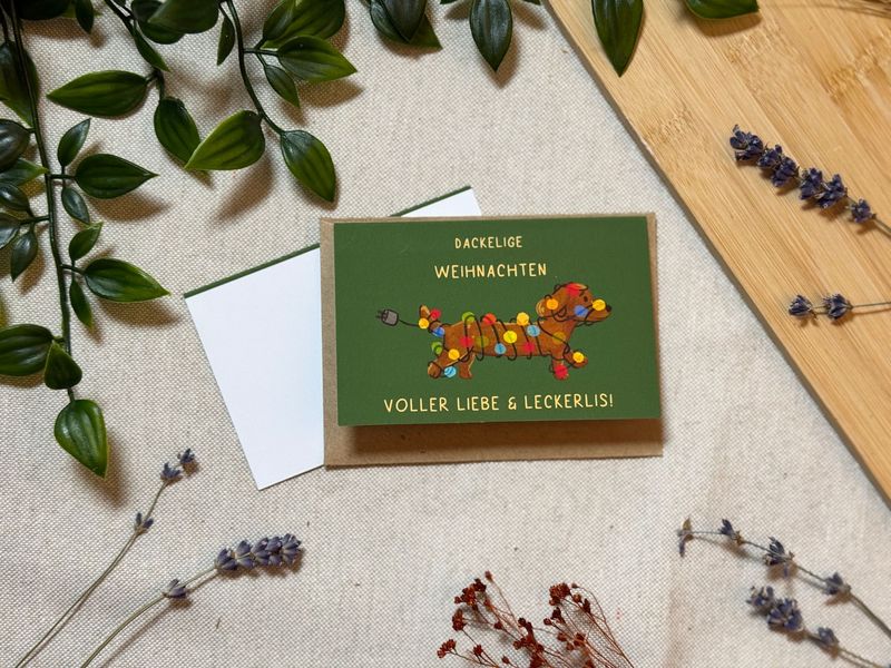 Dackelige Weihnachten voller Liebe und Leckerlis - Süße Weihnachtliche Karte