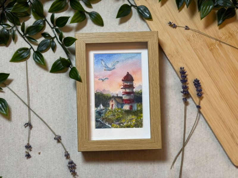 Leuchtturm mit Sonnenuntergang- Aquarellbild ca. DIN A6