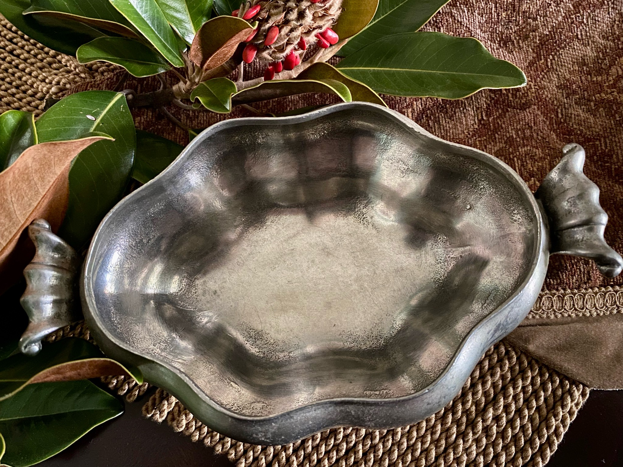Footed Pewter Covered Serving Dish With Handles