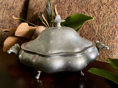 Footed Pewter Covered Serving Dish With Handles