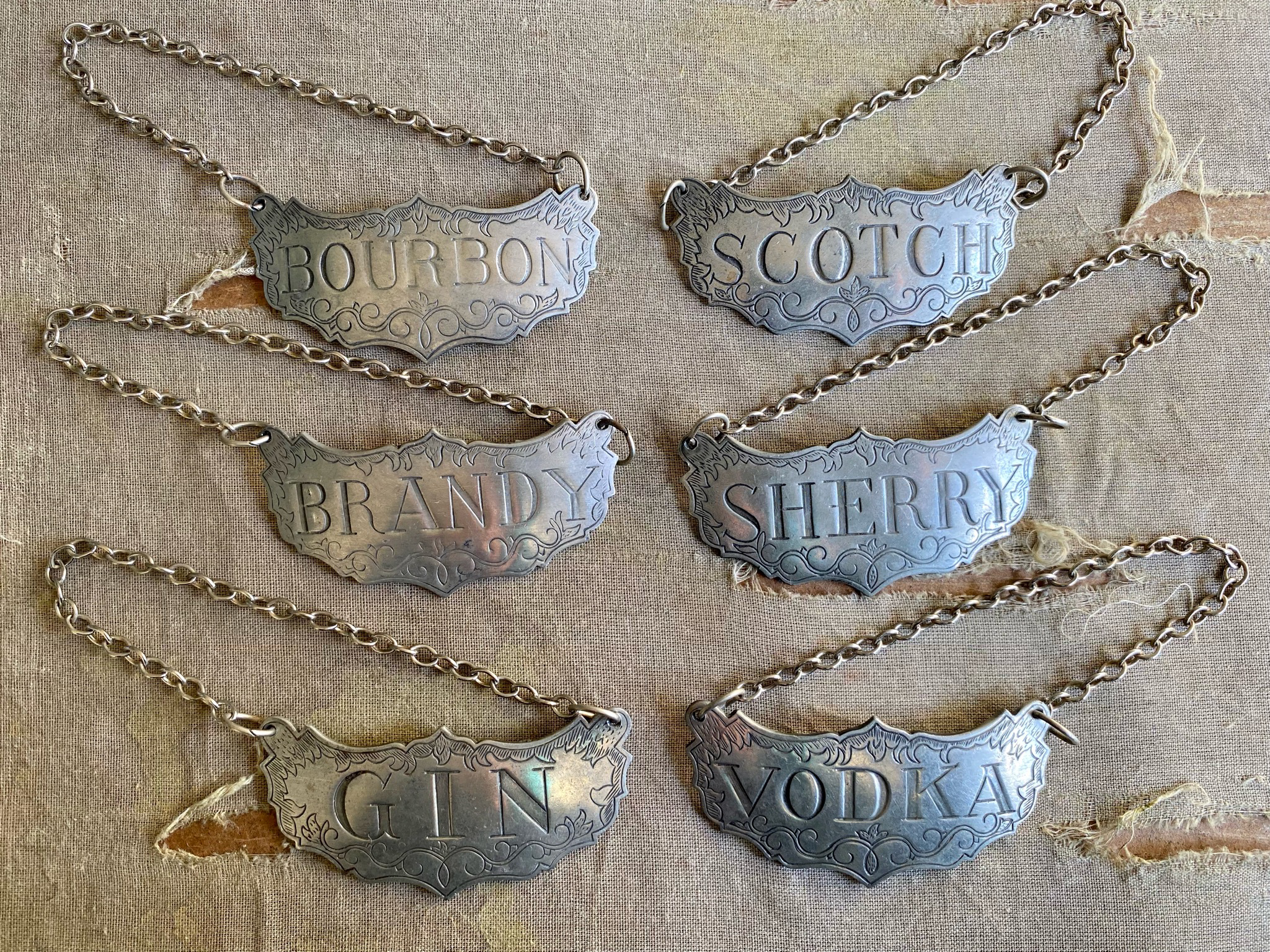 Stieff Pewter Decanter Labels, Pewter Decanter Tags