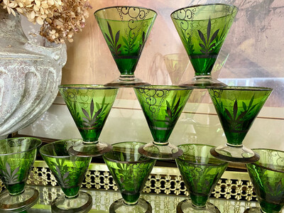 Vintage Green Cocktail Glasses Set of 10
