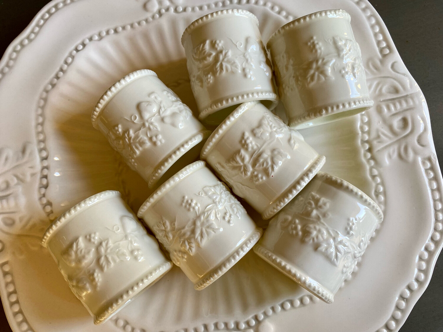White Ceramic Grapevine Napkin Rings, Set of 7, Beaded Edge Vintage Napkin Rings