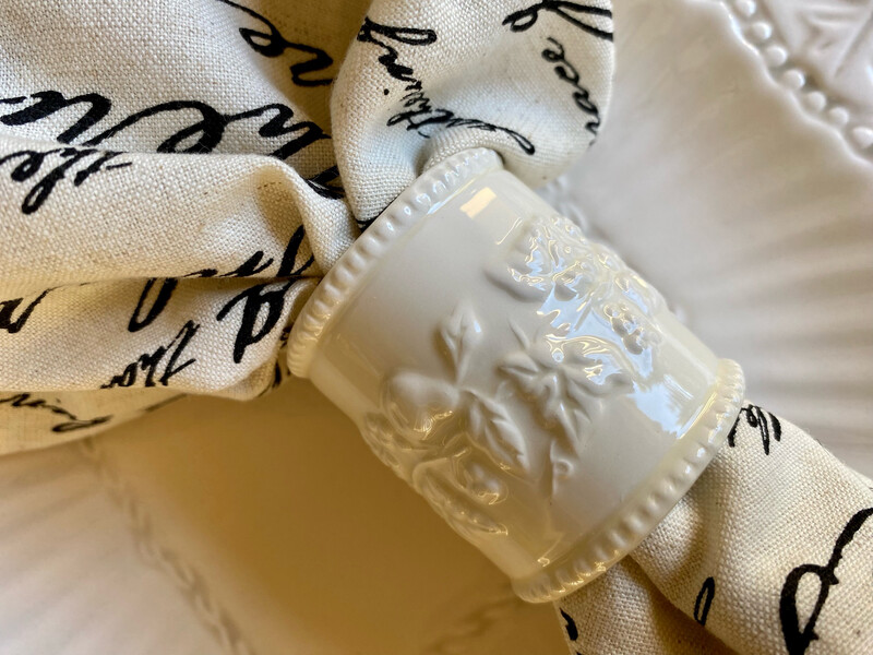 White Ceramic Grapevine Napkin Rings, White Napkin Rings