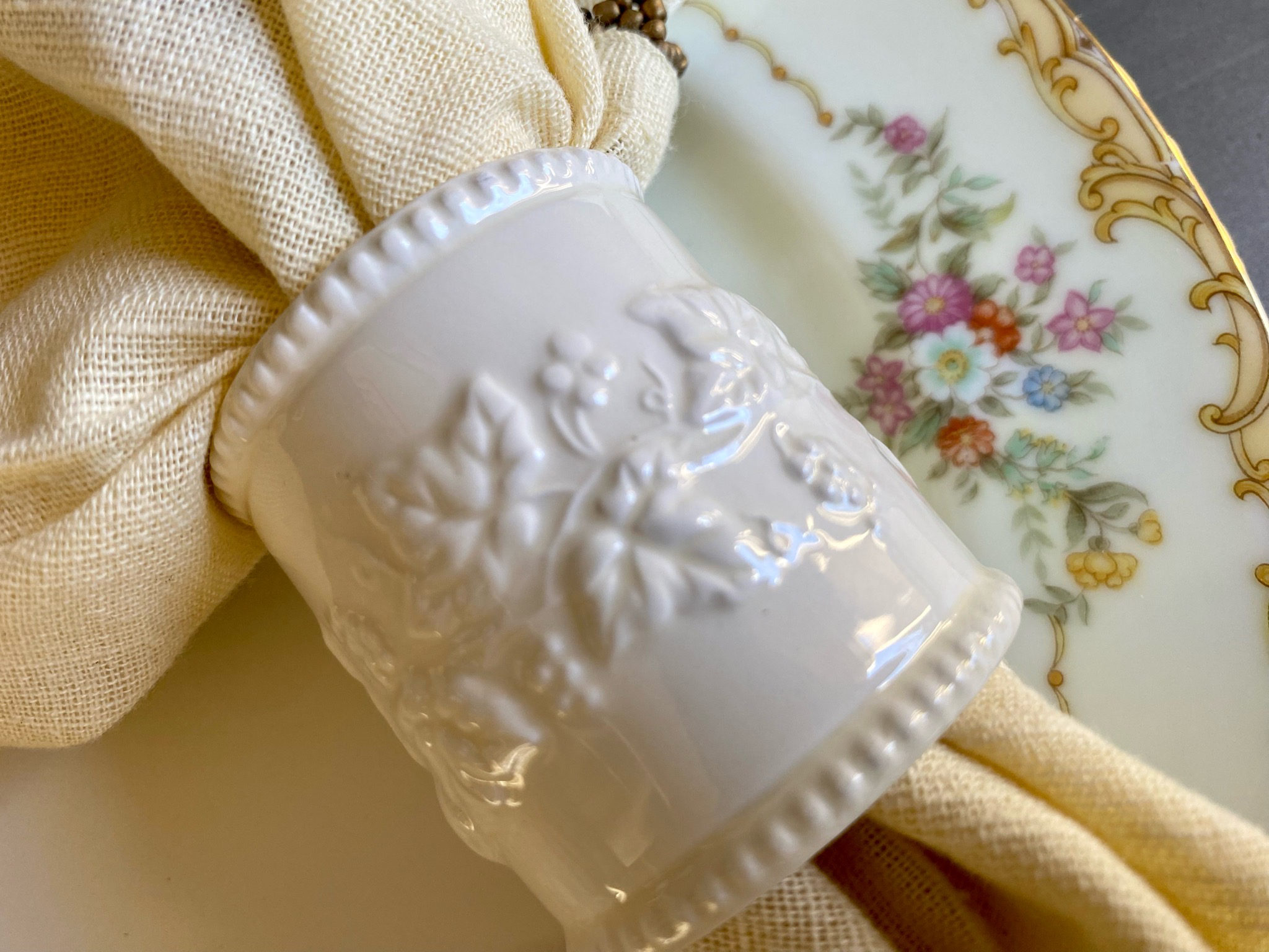 White Ceramic Grapevine Napkin Rings, White Napkin Rings