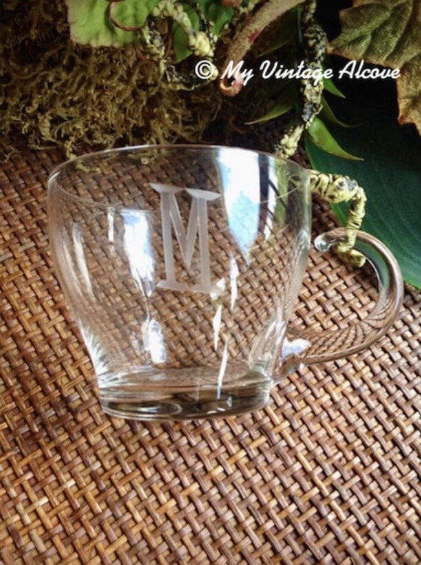 Vintage Glass Punch Cups, Monogrammed M Glassware