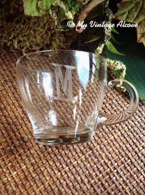 Vintage Glass Punch Cups, Monogrammed M Glassware