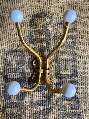 Brass and Porcelain Double Hat and Coat Hook