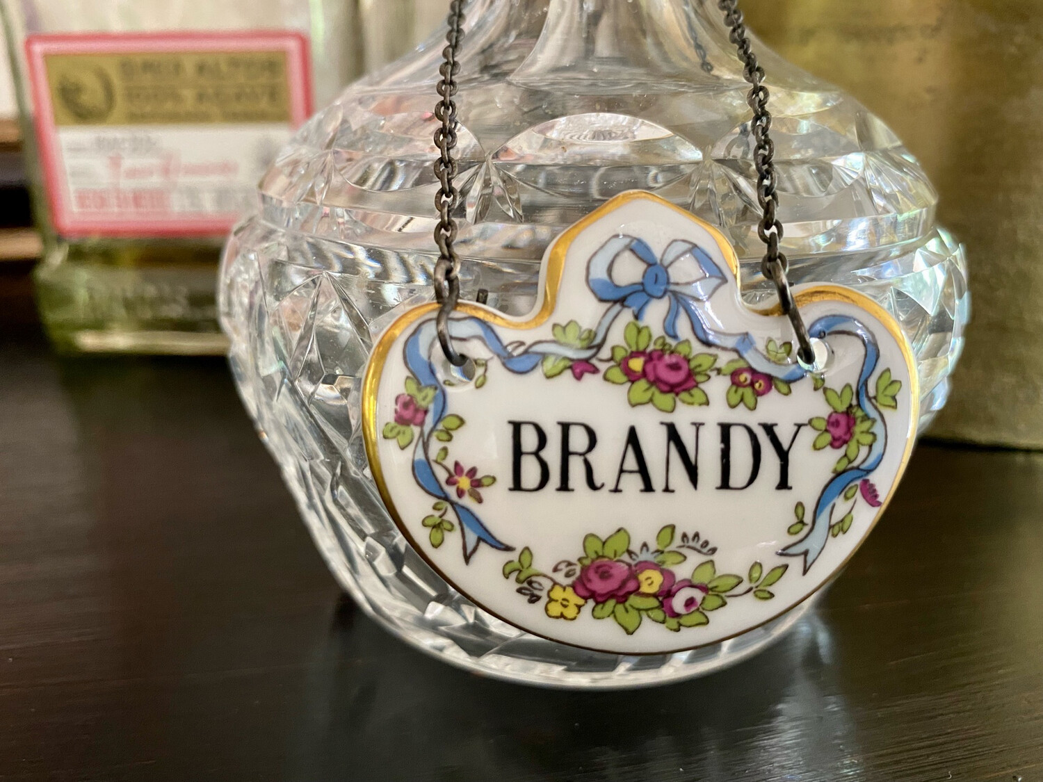 Porcelain Brandy Decanter Label, Blue Ribbon and Bow Bone China Tag with Gold Rim Porcelain Brandy Decanter Label, Blue Ribbon and Bow Bone China Tag with Gold Rim
