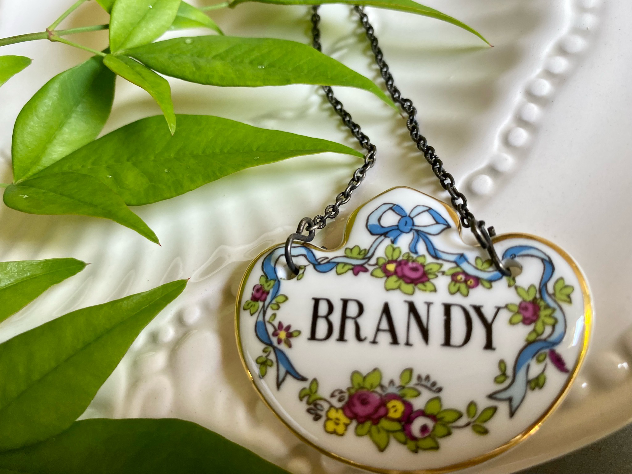 Porcelain Brandy Decanter Label, Blue Ribbon and Bow Bone China Tag with Gold Rim