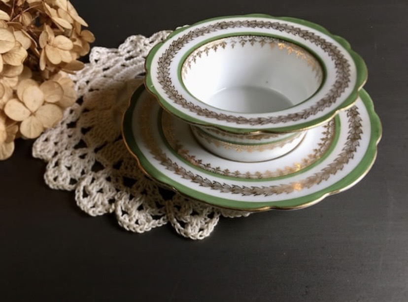 Antique Green & Gold Porcelain Ramekin with Saucer, Bawo & Dotter, 1902