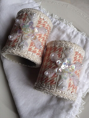 Pink and Ivory Houndstooth Napkin Ring Cuffs with Beaded Snowflake, Extra-Large Set of 2 Pink and Ivory Houndstooth Napkin Ring Cuffs with Beaded Snowflake, Extra-Large Set of 2