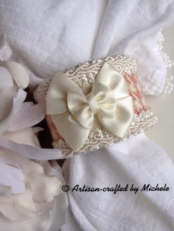 Pink Houndstooth Napkin Ring Cuffs with Ivory Bows