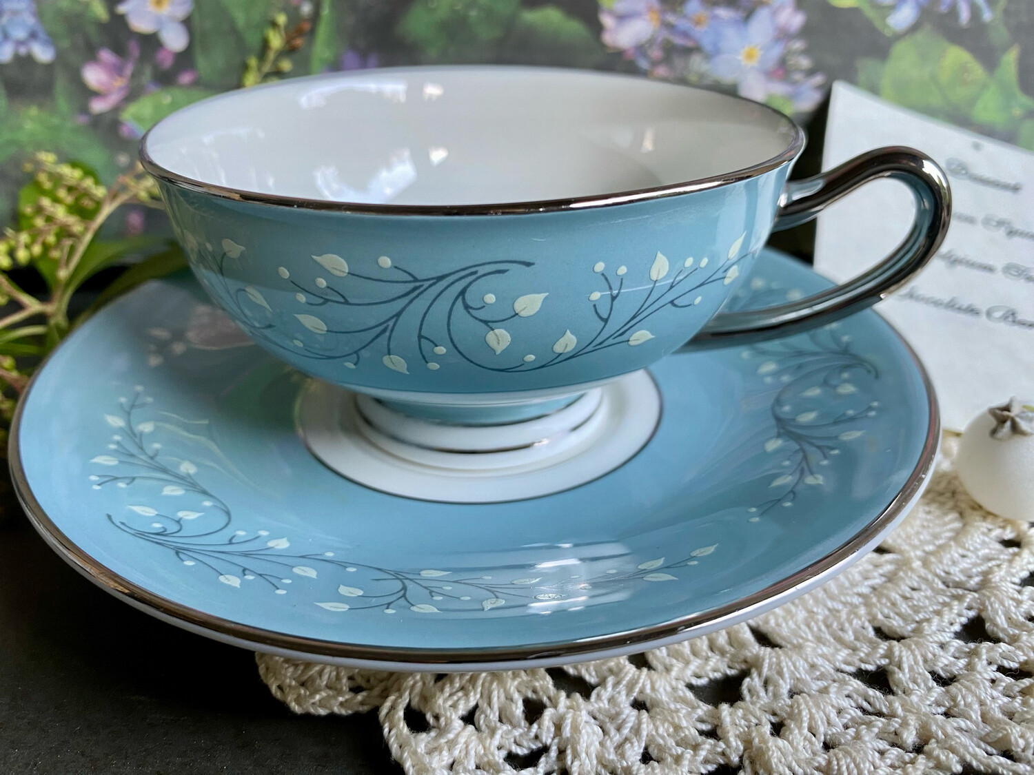 Syracuse China Syracuse China "Minuet" Cup and Saucer, Blue with White Leaves and Platinum Trim
