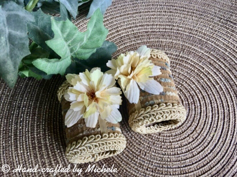 Brown Textured Napkin Rings with Pale Yellow Silk Flower, Handmade Set of 2 Brown Textured Napkin Rings with Pale Yellow Silk Flower, Handmade Set of 2