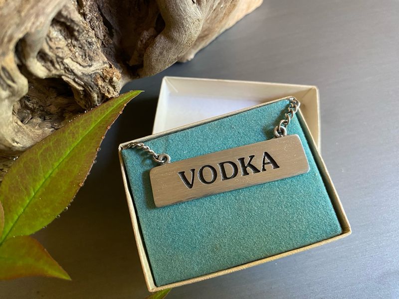 Vodka Decanter Tag, Old Forge Metals Pewter, Vintage Barware Label