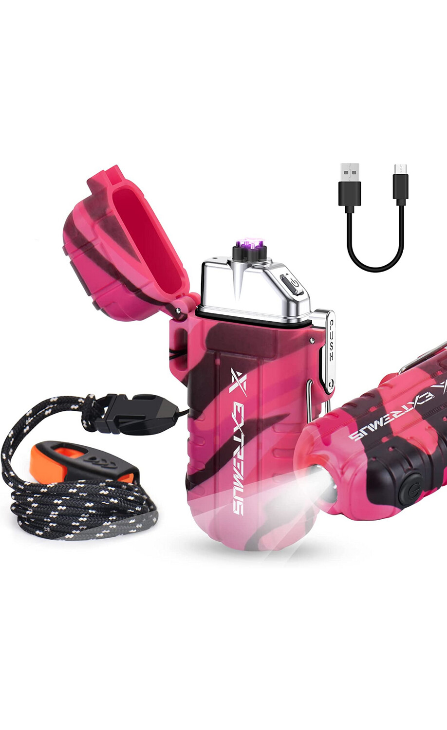 Electric lighter with flashlight and emergency whistle