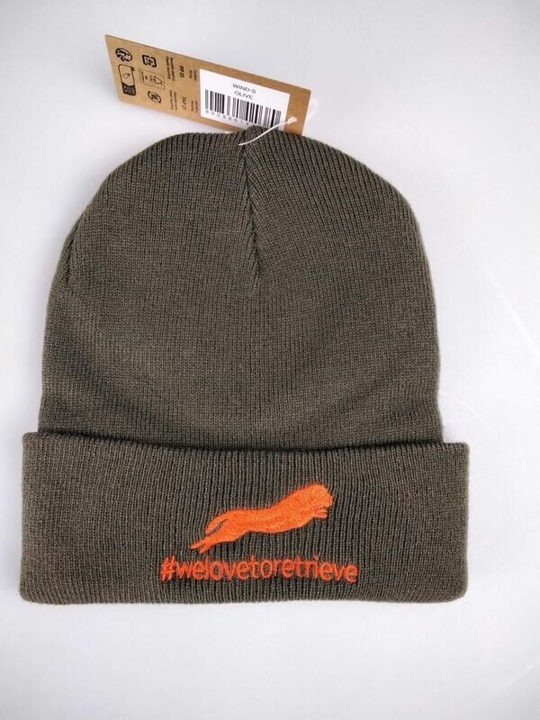 Beanie #welovetoretrieve Strickmütze oliv