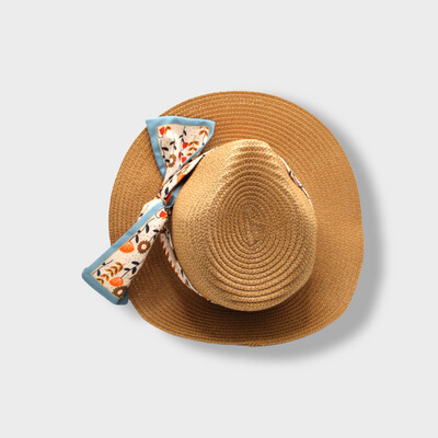 Sombrero cinta raso flores azul/naranja