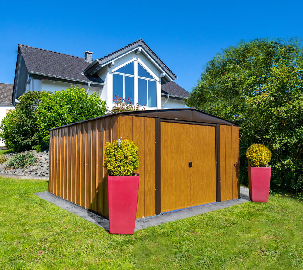 Kovinska vrtna hiška-uta-lopa 11,5 m² - 3,70m x 3,13m - RJAVA-VIDEZ LESA
