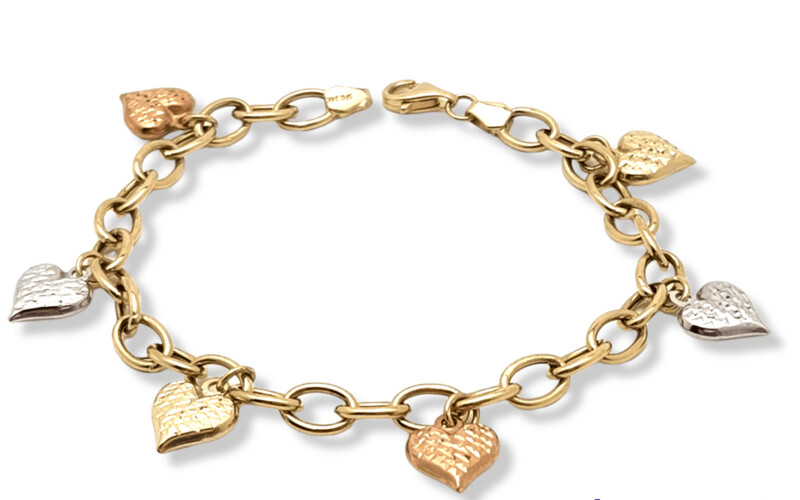 Hearts Charms Hollow Link Bracelet in 14k solid Gold