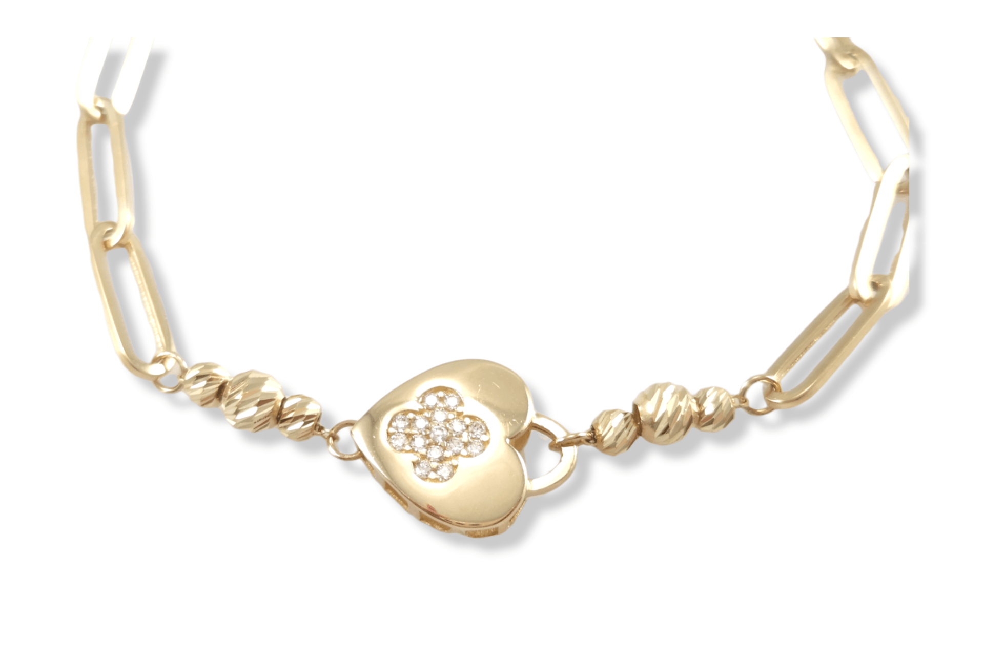 Heart Paperclip link Bracelet in 14k Yellow Gold 7.75