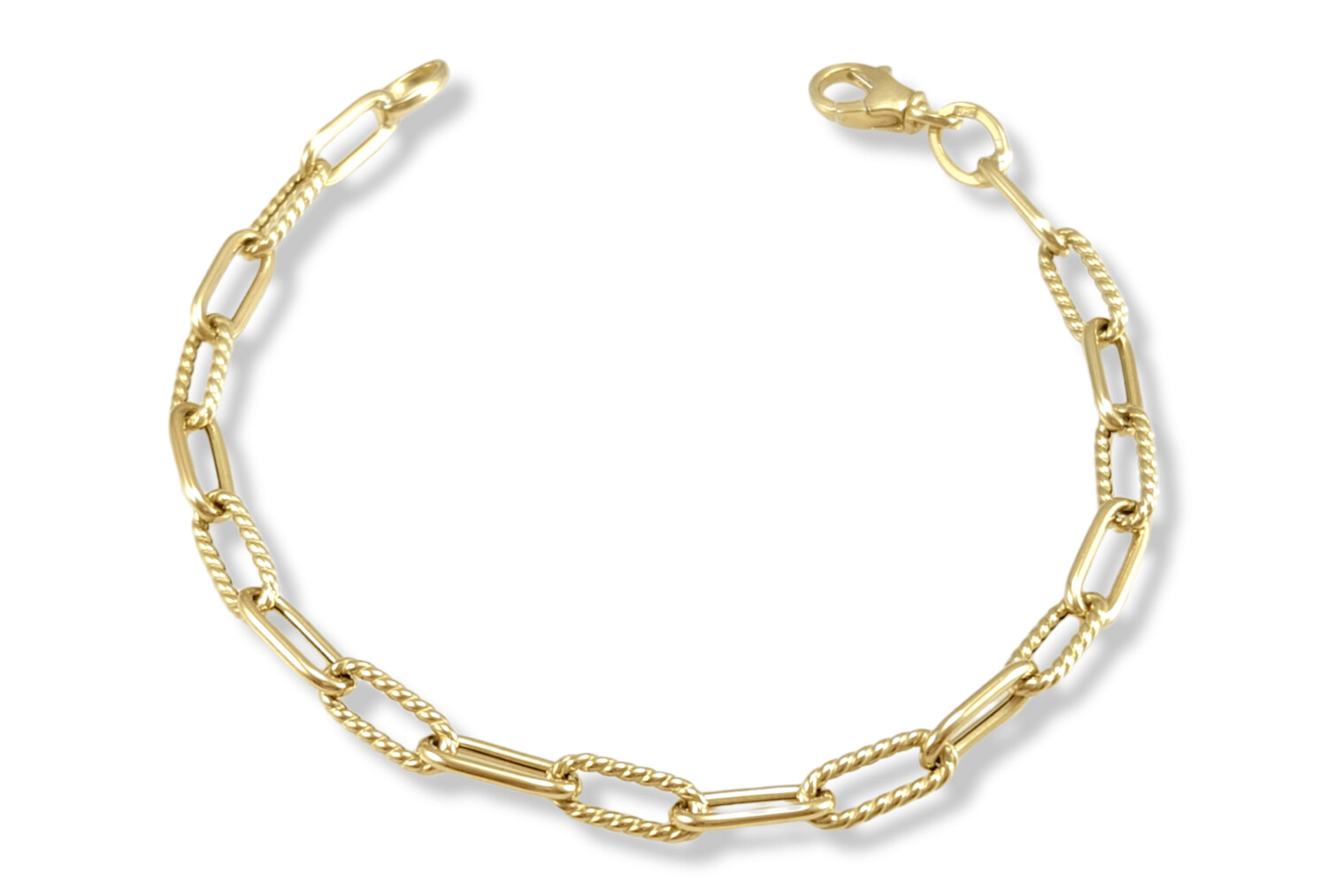 Polished and Textured Oval Link Paperclip Bracelet 14k Gold 7"