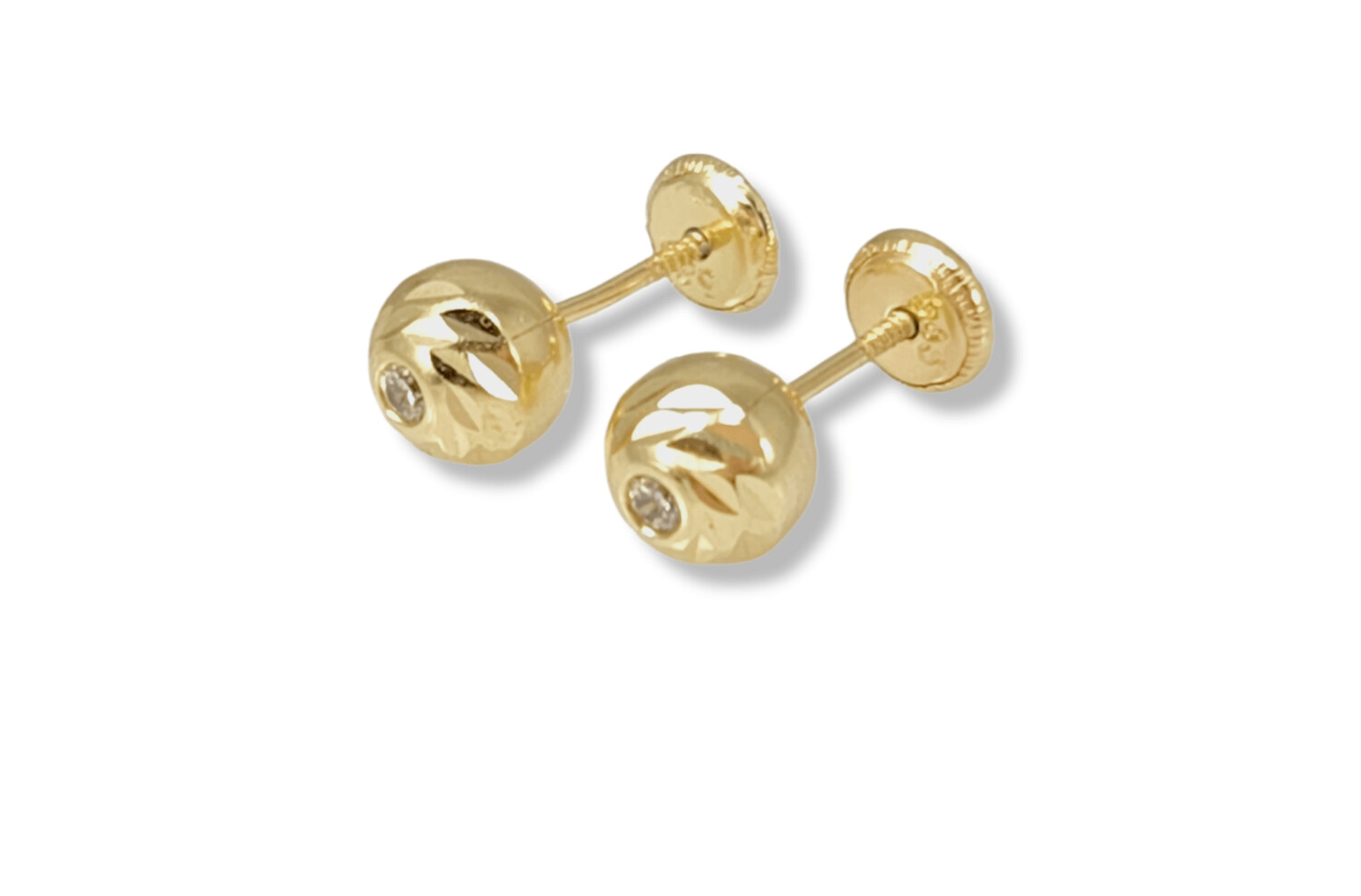 Yellow Gold Ball Stud Earrings 14k dimond Cut, Size: Small