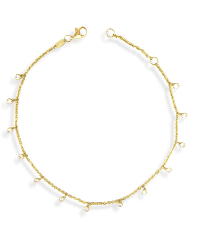 Cubic Zirconia  Dangle Station Anklet Bracelet in 14K Gold – 10"