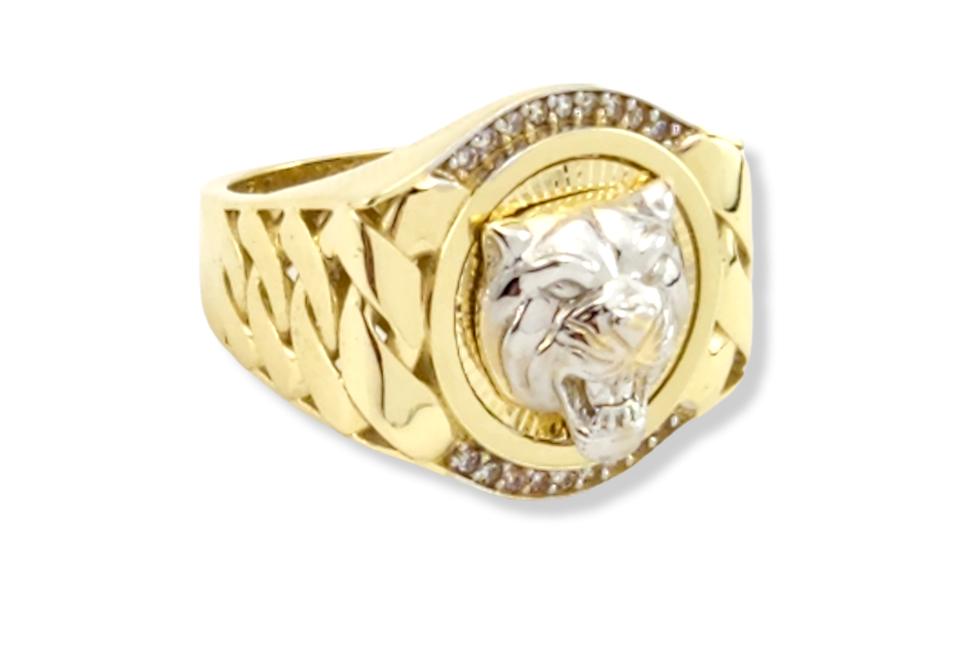 Men's white CZ. cuban links with tiger design ring in 14k Gold