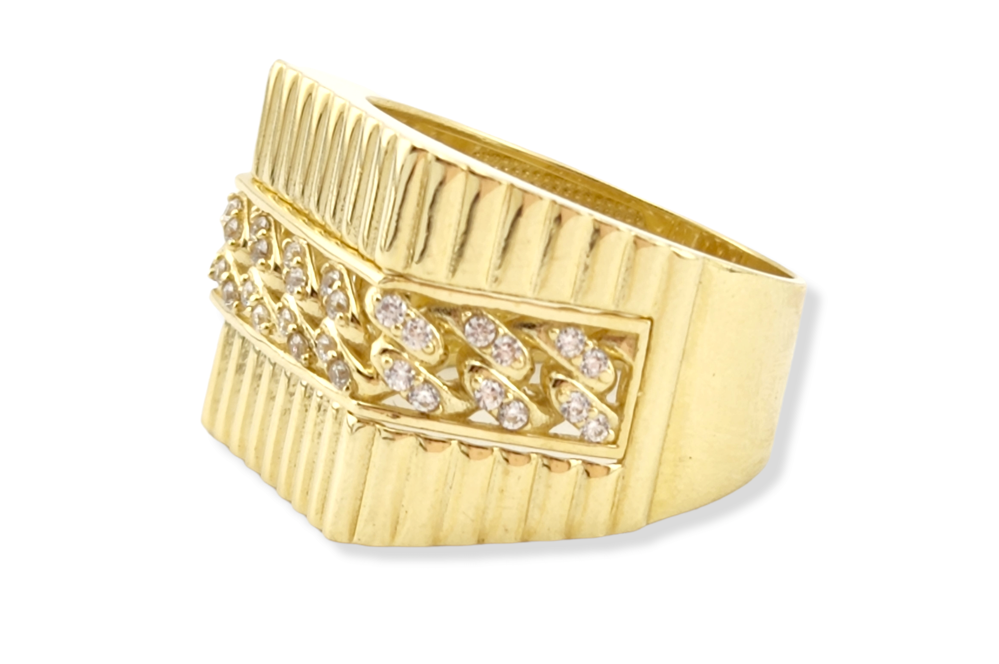 Trending Men's white CZ. cuban links design Ring in 14k Yellow Gold