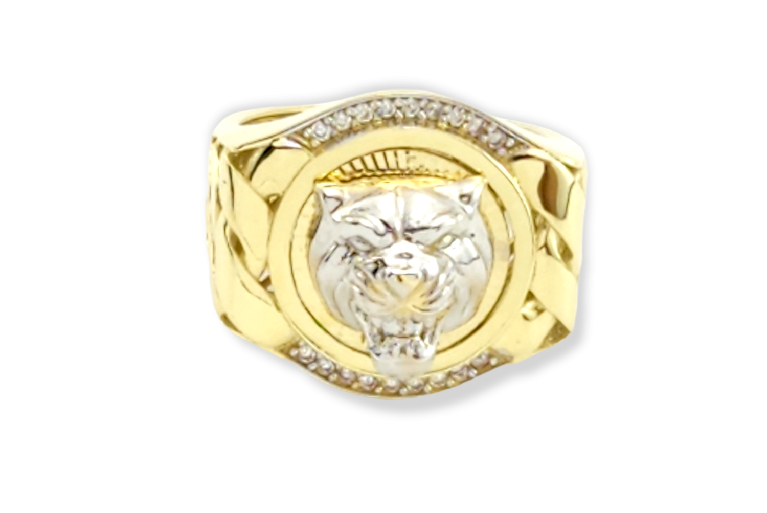 Men's white CZ. cuban links with tiger design ring in 14k Gold