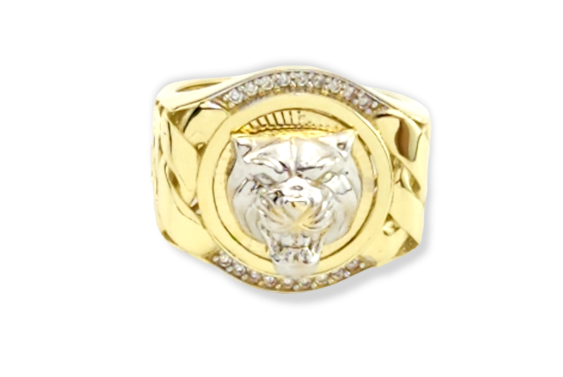 Men's white CZ. cuban links with tiger design ring in 14k Gold