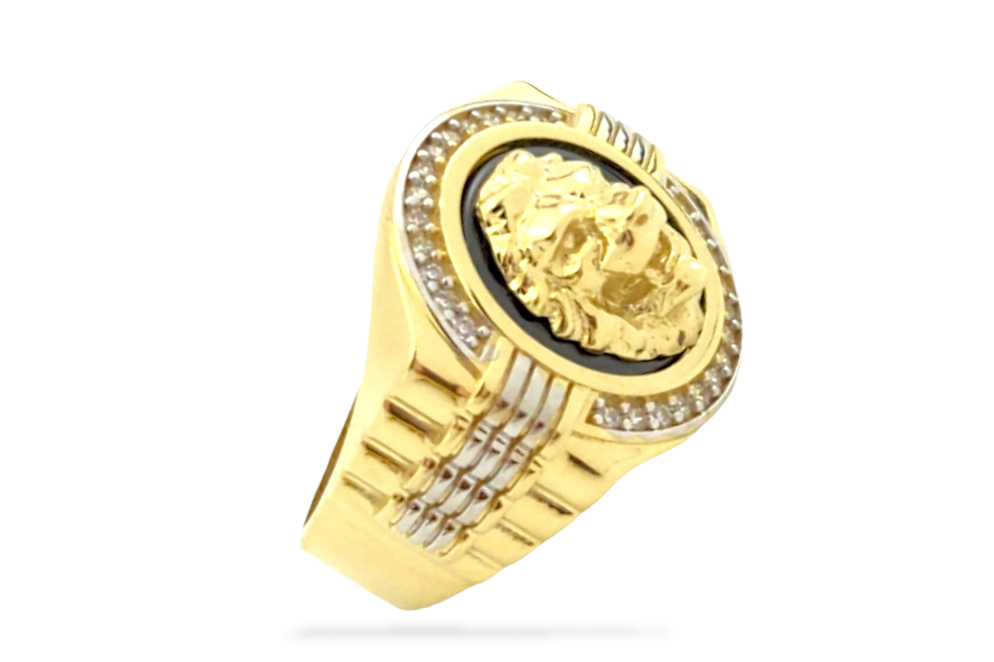 Men's Onix with Lion ring in 14k Gold
