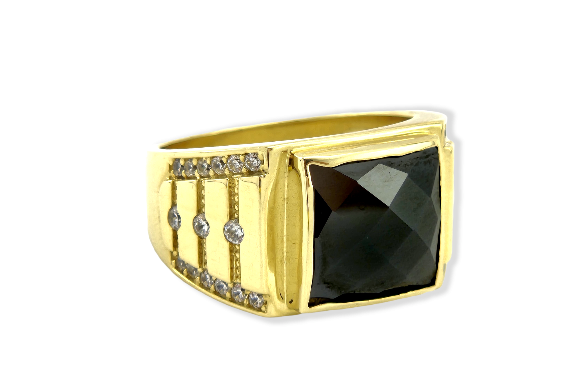 Men's Black CZ. ring in 14k Yellow Gold