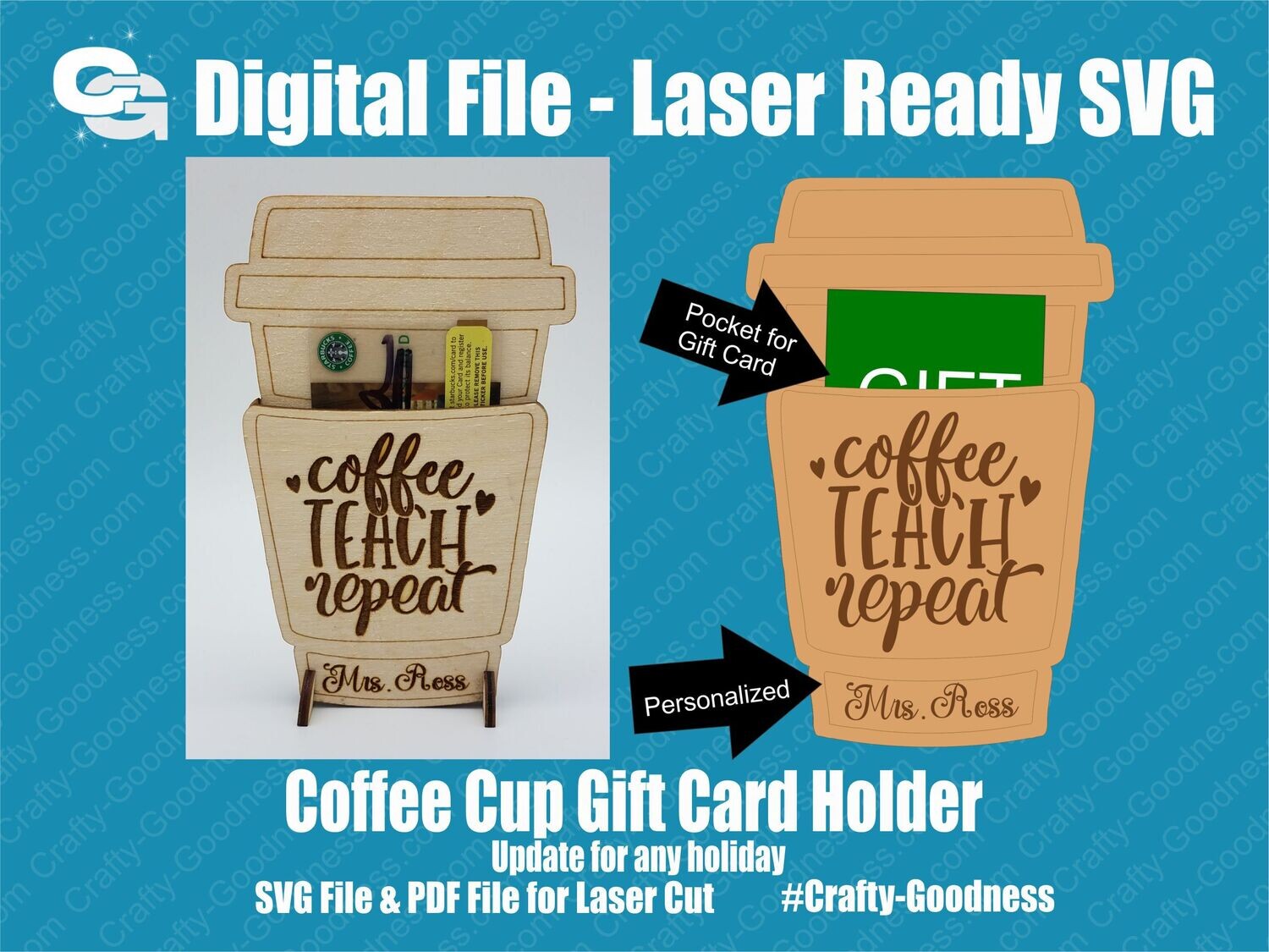 Coffee Cup Gift Card Holder for Teacher Gifts - SVG Glowforge Cut File Digital Download PDF