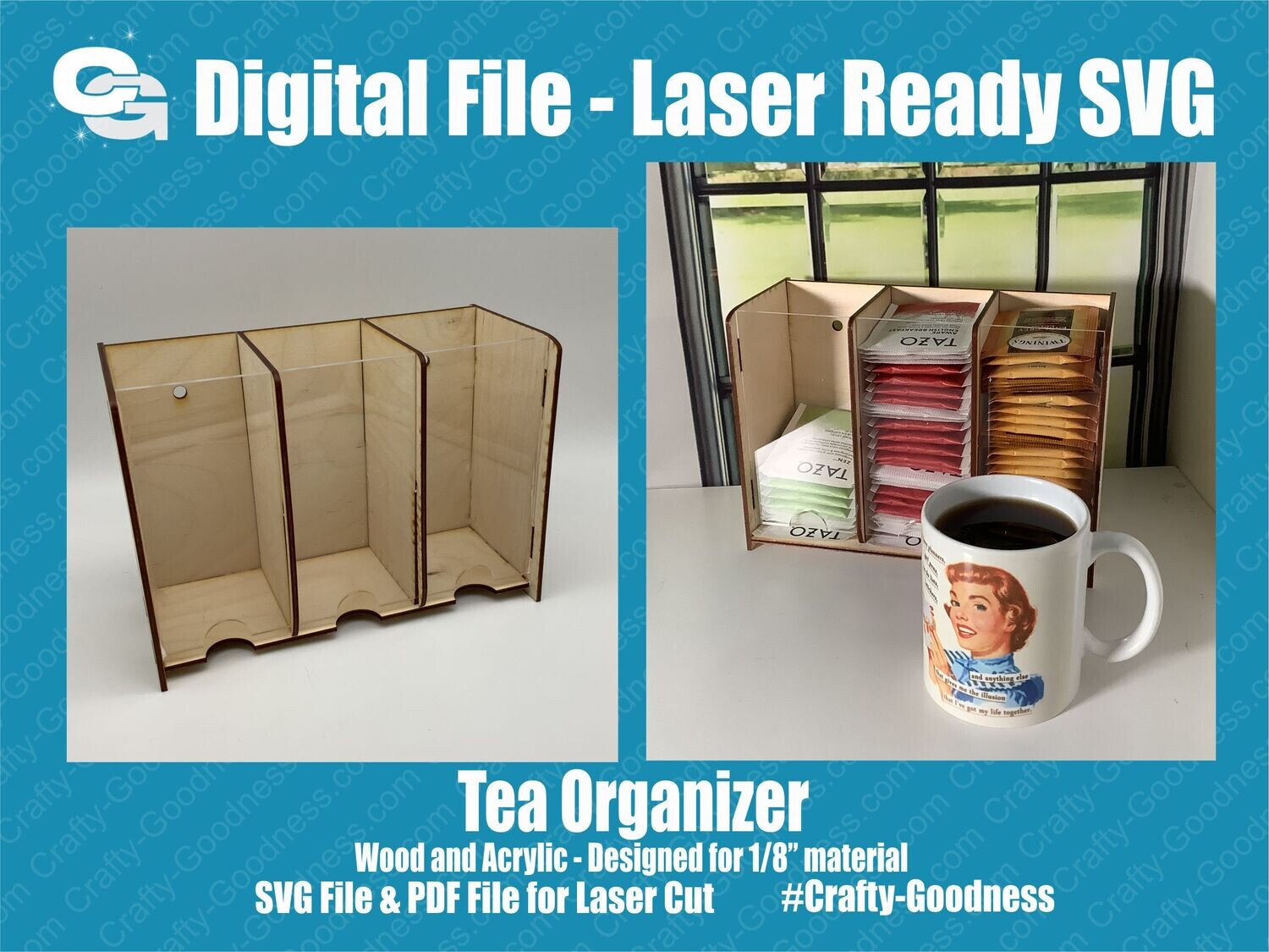 Tea Bag Organizer Laser Cut File SVG Glowforge Cut File Digital Download PDF
