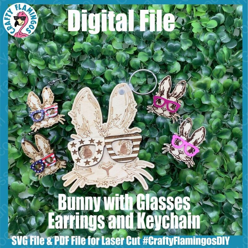 Bunny with Sunglasses Patriotic Earrings & Keychain - SVG Glowforge Cut File Digital Download PDF